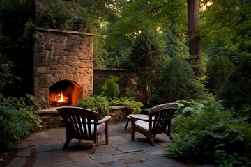 Fototapeta na wymiar Backyard fireplace chairs relax. Generate Ai
