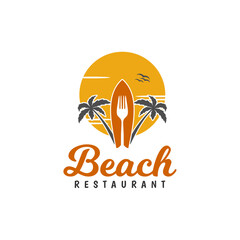 Surf Board, Fork , And Palm for Beach Restaurant Logo, Resort logo design