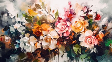 Oil painting with flower rose, peonies, gold leaves. Botanical print background on canvas - floral triptych In Interior, art. Wallpaper abstract painting with brush strokes. Ai generated
