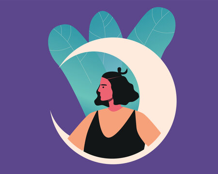 Plus size woman with moon and leaves as symbol of dreams and bedtime, flat vector stock illustration