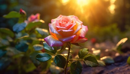 Fototapeta na wymiar pink white rose in garden at sunset. Generative AI