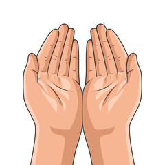 Two hands side by side. Hands in position, palms up, hold something, two hands are praying, pray to God, isolated on white background, vector illustration