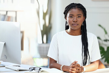 Portrait, employee and black woman with business, serious and professional with success, computer and office. Face, female person and confident consultant with a career, workplace and startup company - obrazy, fototapety, plakaty