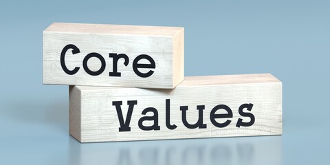 Core values - words on wooden blocks - 3D illustration