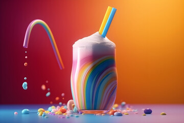 Rainbow milkshake, multi-colored, bright on a rainbow background. With Generative AI tehnology - obrazy, fototapety, plakaty