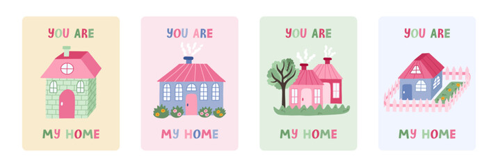 Set of postcard for Happy Birthday, Christmas, Valentine's Day. Trendy and minimalistic posters with lettering and hand drawn cute little country house. Greeting card template for holiday