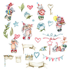 Fototapeta premium Watercolor hand painted party celebration elements. Crown, hearts,roses, key, bear and rabbit in birthday cap. Design for baby shower party, birthday, cake, holiday design, greetings card, invitation.