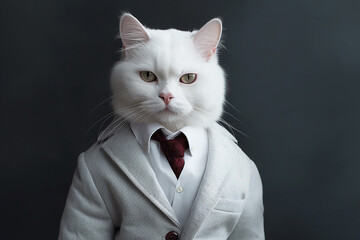 Cool white fluffy cat dressed in a white suit, isolated on a grey background. Waist up portrait. Created with generative ai
