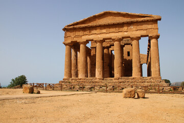 ruined ancient temple (temple of concord) in agrigento in sicily (italy) 