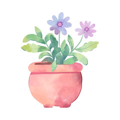 Flower in a pot in a cartoon watercolour style. Home gardening. Potted plant
