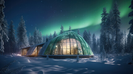 Green cabin house in the forest with aurora borealis. Generative AI.