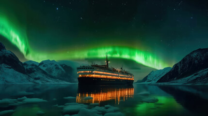 Aurora borealis over fjord landscape with cruise ship. Generative AI. - obrazy, fototapety, plakaty