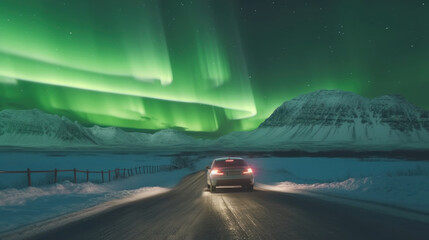 Aurora borealis, northern lights, car on the road. Generative AI.