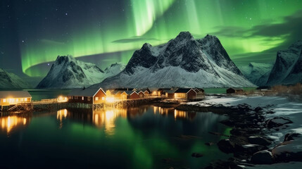 Northern lights over Lofoten islands, Norway, Europe. Generative AI.