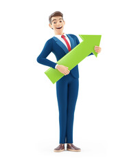 3d cartoon businessman holding green arrow up