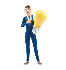 3d cartoon businessman pointing at big light bulb