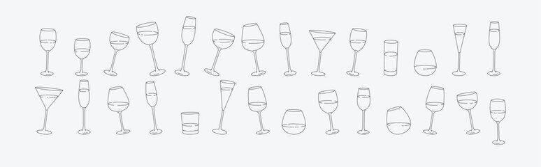 Collection of different glass and wineglass or drink cocktails. Minimal linear trendy style. Line icons for logo in restaurant or bar. Vector