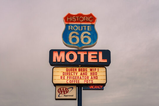 Seligman, Arizona, USA - January 2, 2018 : Vintage neon motel sign on historic Route 66