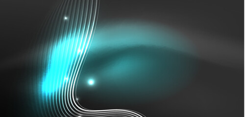 Shiny glowing neon wave. Neon light or laser show, electric impulse, power lines, techno quantum energy impulse, magic glowing dynamic lines