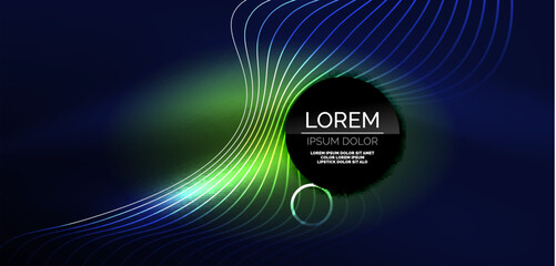 Neon laser lines, circles waves abstract background. Neon light or laser show, electric impulse, power lines, techno quantum energy impulse, magic glowing dynamic lines