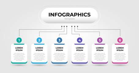 Mind map with six rectangular elements connected to main circle. Concept of business plan with 6 strategic steps. Minimal infographic design template.