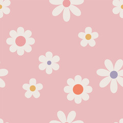 Floral pattern in the style of the 70s with groovy daisy flowers. Retro floral naive vector design. Style of the 60s, 70s, 80s