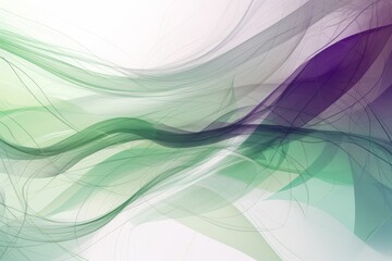 Abstract white background with flowing curves in shades of green and purple, Generative ai