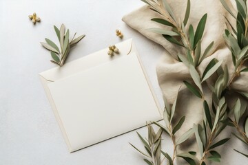 Summer wedding stationery with olive tree brunches. Blank greeting card invitation mockup on the table. Generative AI