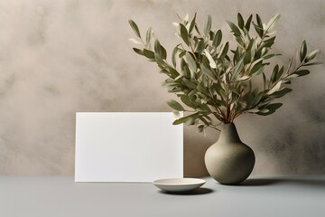 Summer wedding stationery with olive tree brunches. Blank greeting card invitation mockup on the table. Generative AI