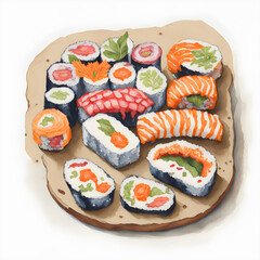 Colorful of sushi served on a wooden plate. Watercolor illustration