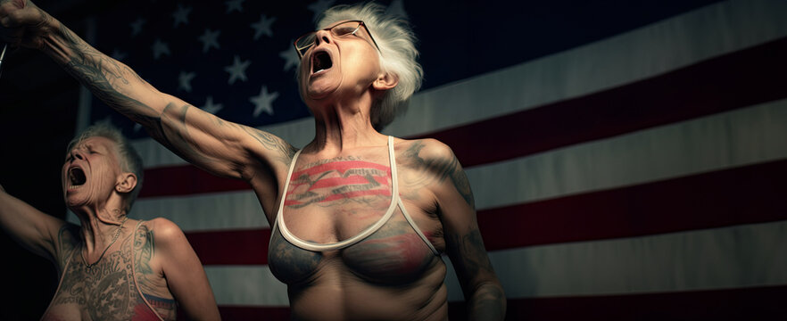 heartcore old tattooed lady singing in American flag on 4th of july independence day celebration concept.generative ai.