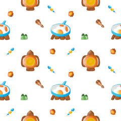 Camping with nature, mountain, music, guitar, food, marshmallow, lamp.