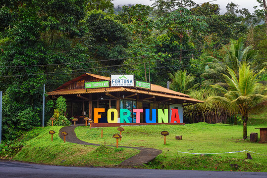 La Fortuna, Costa Rica - January 16, 2020 : Visitor center at the La Fortuna Waterfall also known as Catarata Fortuna, located in the rain forest of Tenorio volcano national park.