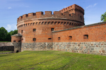 Fototapeta na wymiar Forts of Kaliningrad. Walled city of Koenigsberg. Der Don Tower, built in 1854. German fortifications of 19th century for defense by German troops of city. East Prussia. Russia.