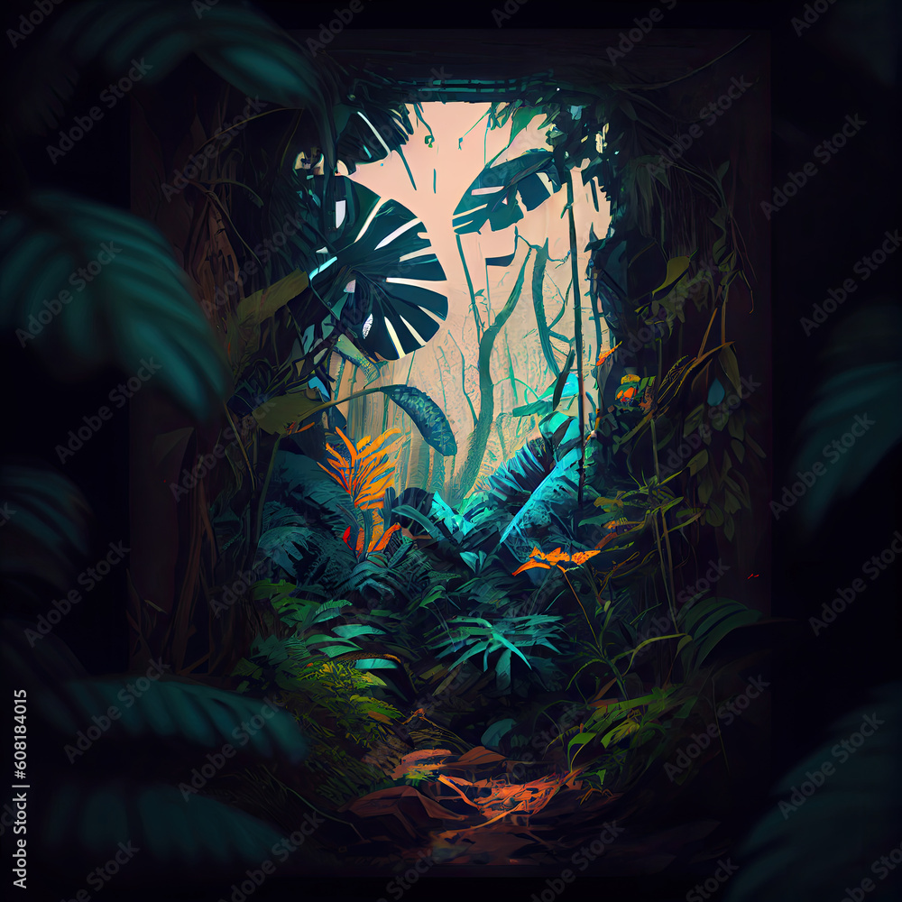 Wall mural Green natural wild jungle background. Generative AI.