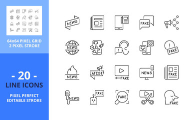 Line icons about facts and fake news. Pixel perfect 64x64 and editable stroke