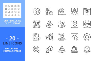 Line icons about product development. Pixel perfect 64x64 and editable stroke