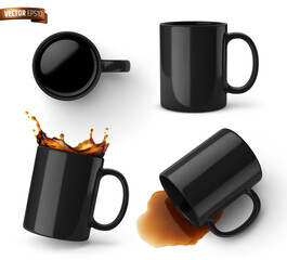 Vector realistic illustration of black ceramic coffee mugs on a white background.
