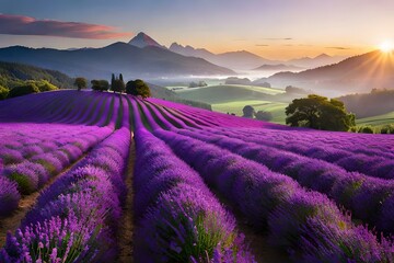 Naklejka na ściany i meble A sprawling field of lavender, with rows of purple flowers creating a soothing and aromatic landscape