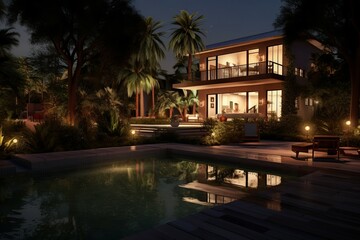 Obraz na płótnie Canvas Beautiful backyard exterior villa. Generate Ai