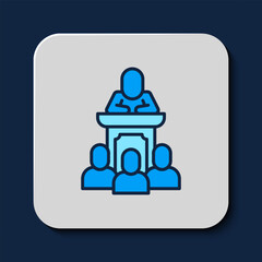 Fototapeta premium Filled outline Auction auctioneer sells icon isolated on blue background. Auction business, bid and sale. Vector