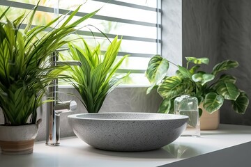 Sink counter green plants. Generate Ai
