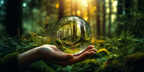 Glaskugel in Händen mit Wald Hintergrund für die Umwelt, ai, generativ