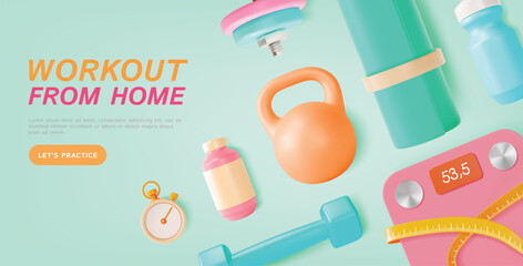 3d Workout for Home Ads Banner Concept Poster Card Cartoon Style. Vector illustration of Sport Activity Training Lifestyle