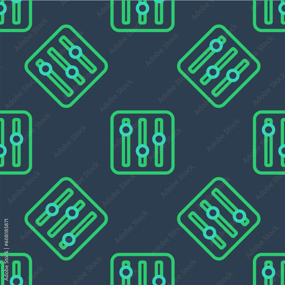 Poster line sound mixer controller icon isolated seamless pattern on blue background. dj equipment slider b
