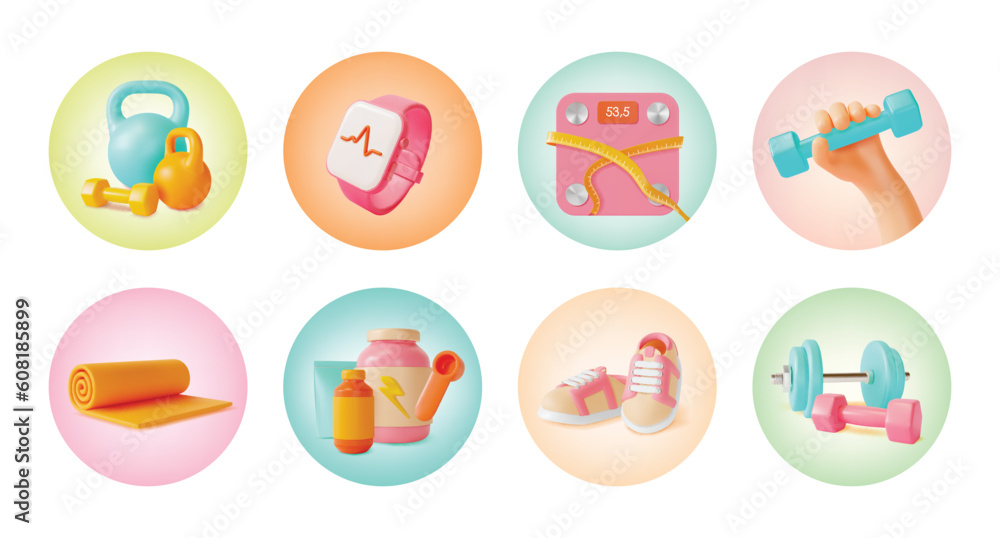 Sticker 3d Health and Fitness Equipment in Circle Concept Cartoon Style Elements Include of Gym Equipment Dumbbell and Fitness Bracelet. Vector illustration