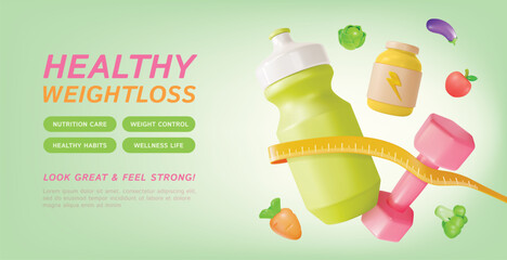 3d Healthy Weightloss Nutrition Care and Weight Control Ads Banner Concept Poster Card Cartoon Style. Vector illustration