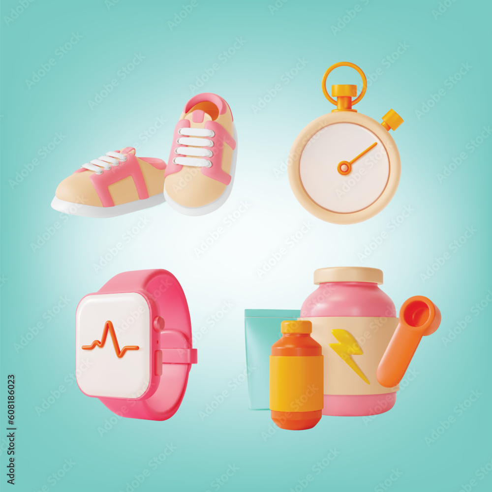 Canvas Prints 3d Health and Fitness Concept Cartoon Style Elements Include of Vitamin Protein Supplement Container, Bottle and Spoon. Vector illustration