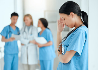 Headache, stress or sad nurse in hospital with burnout, anxiety or fatigue working with medical...