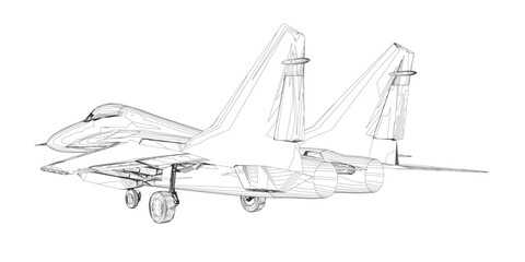 Military fighter jet outline. Vector art illustration of contour airplane. Modern war aircraft. Supersonic speed. 3D.
